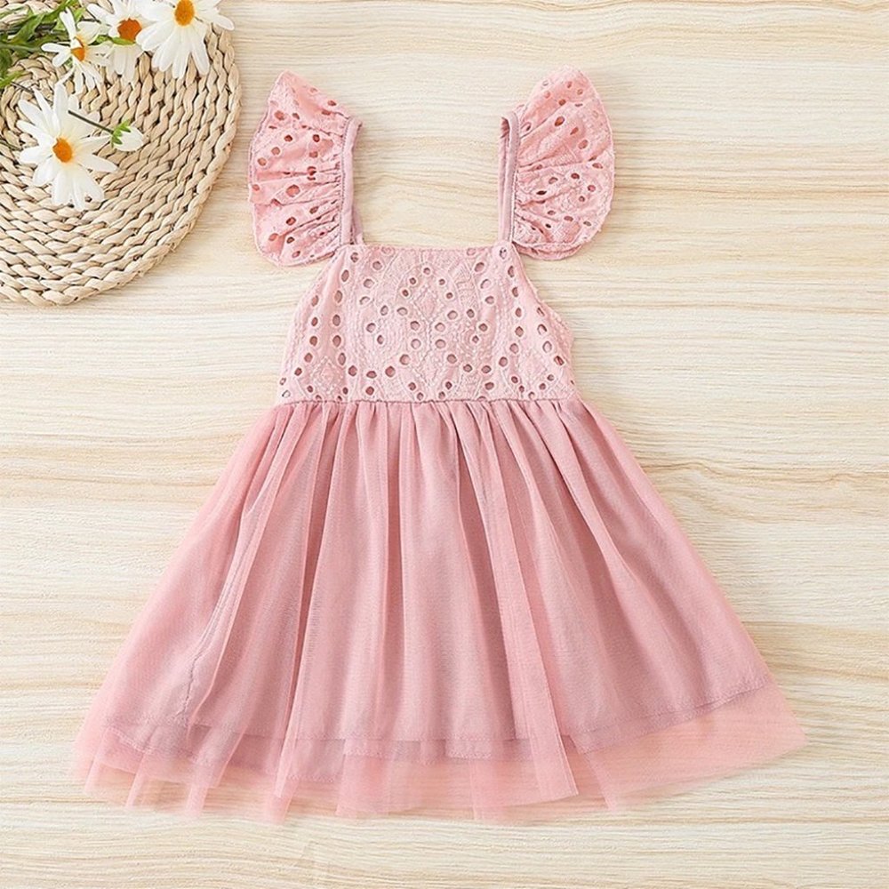 Pink Embroidered Eyelet Tulle Dress Little Girl Ruffle Crisscross Dress